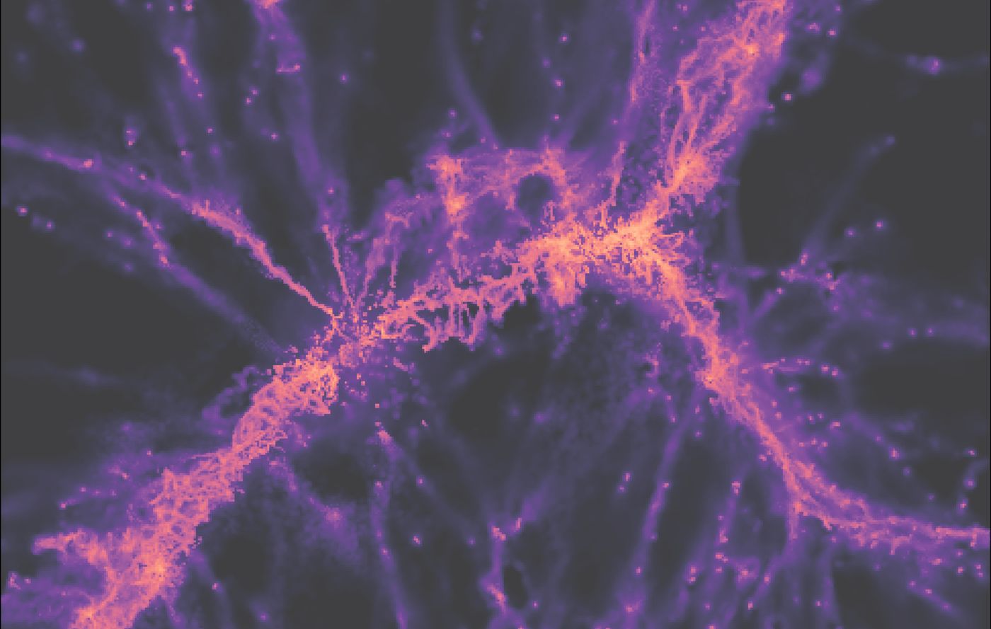 Gemelo del filamento cósmico observado en el MUDF, tal como se aprecia en una simulación de supercomputadora que describe la distribución del gas a gran escala en el Universo. En púrpura se ve el gas que fluye dentro de la red cósmica, impulsando la formación de galaxias en los puntos donde convergen múltiples filamentos.[Crédito: Davide Tornotti/Universidad de Milán-Bicocca]