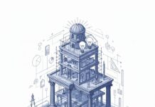 Cómo convertir una idea en un proyecto científico: inscribite al taller intensivo de investigación Ilustración técnica de una torre en construcción que combina arquitectura clásica y moderna, rodeada de herramientas de medición, libros abiertos, gráficos y lupas, simbolizando el proceso de construcción del conocimiento científico.