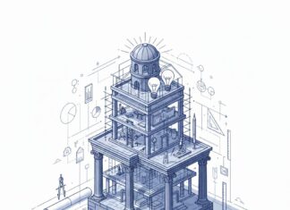 Cómo convertir una idea en un proyecto científico: inscribite al taller intensivo de investigación Ilustración técnica de una torre en construcción que combina arquitectura clásica y moderna, rodeada de herramientas de medición, libros abiertos, gráficos y lupas, simbolizando el proceso de construcción del conocimiento científico.