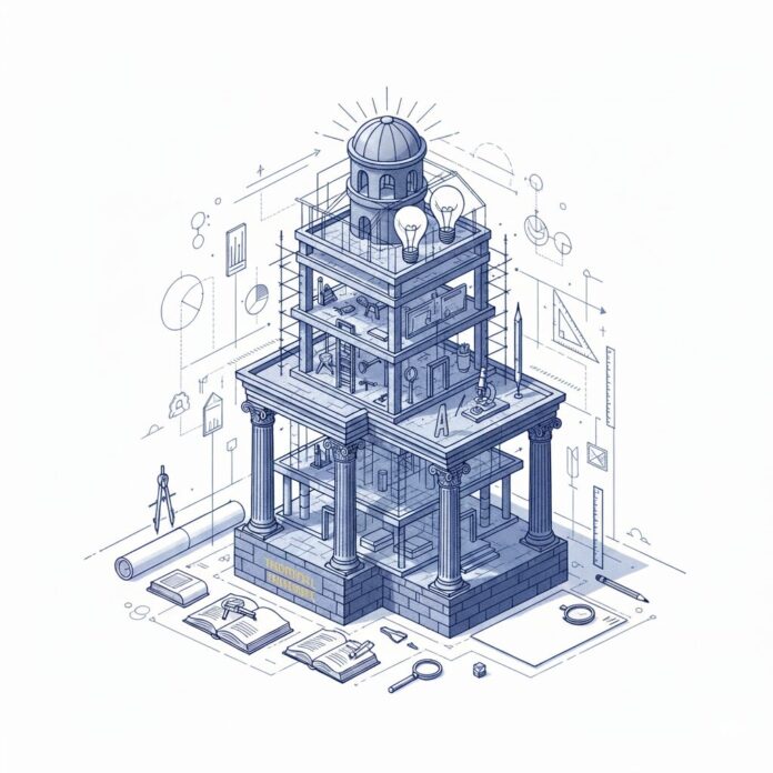 Ilustración técnica de una torre en construcción que combina arquitectura clásica y moderna, rodeada de herramientas de medición, libros abiertos, gráficos y lupas, simbolizando el proceso de construcción del conocimiento científico.