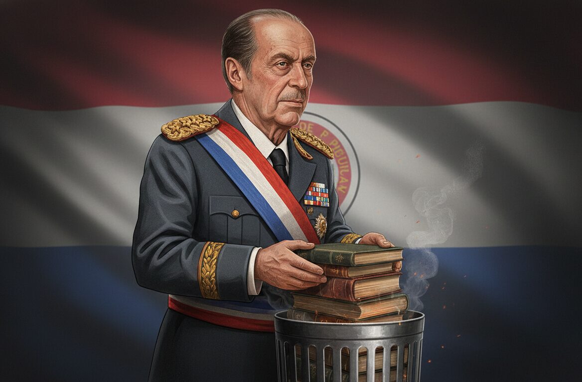 El dictador Stroessner tirando libros a la basura.