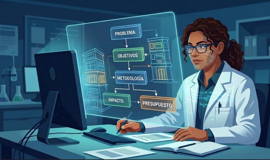 Taller de financiación de la ciencia - Ciencia del Sur (Imagen creada por Gemini) Una investigadora creando su proyecto de investigación